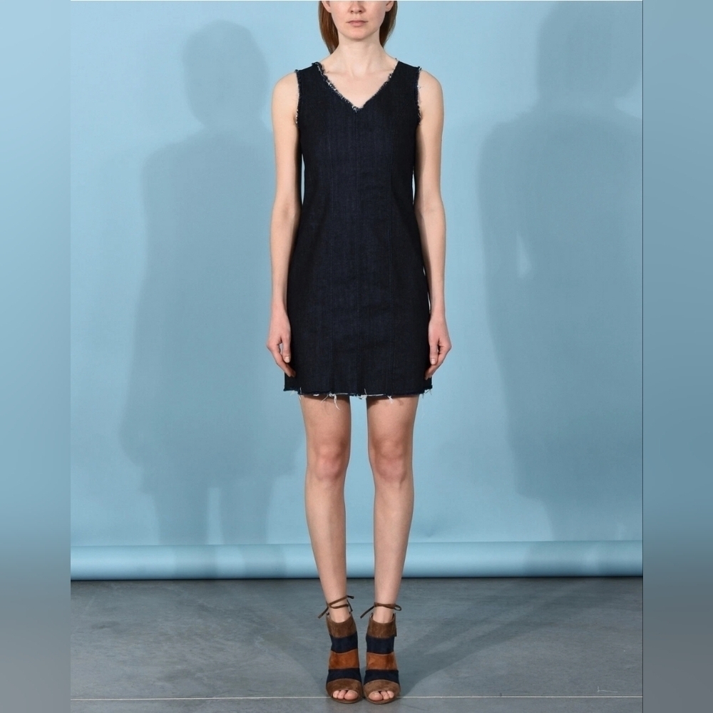 8 ESSENTIAL Raw Hem Denim Mini Dress XS Minimalist Capsule Wardrobe Quiet Luxury